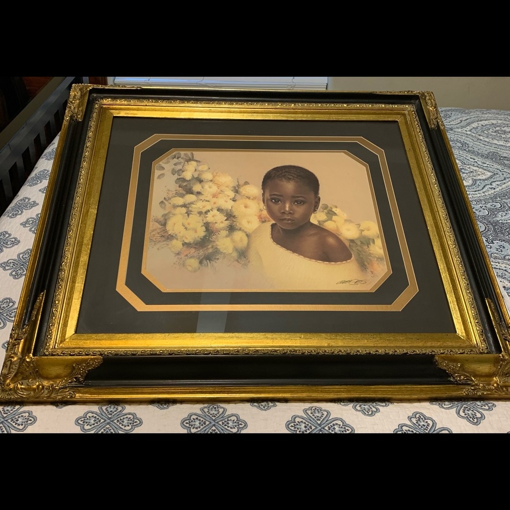 Little Flower Art signed Carl Owens. In an Elegant Gold & Black Glass frame - Picture 11 of 11